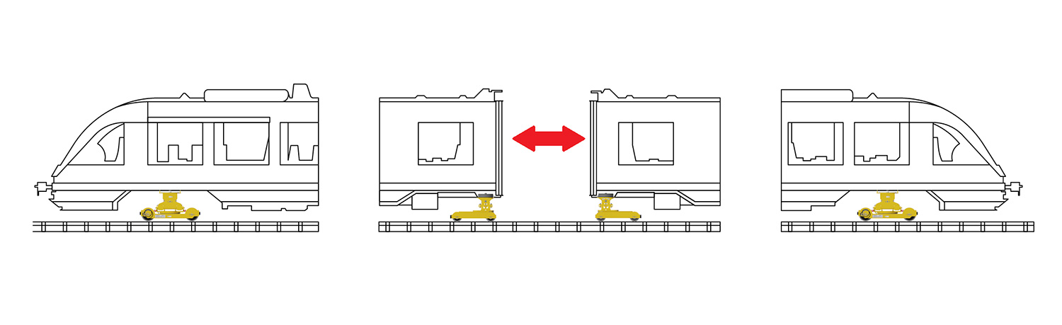 Zug mit Jacob-Splittgestell für die Wartung getrennt - Zeichnung